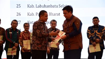 Bupati Samosir Vandiko T. Gultom mengikuti Rapat Koordinasi dalam Rangka Penyelamatan Keuangan Negara/Daerah di Provinsi Sumatera Utara, bertempat di Aula Raja Inal Siregar, Kantor Gubernur Sumatera Utara (26/10/2023).(foto/ist