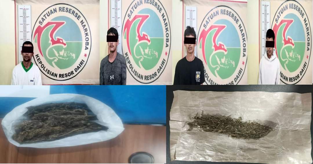 Tersangka pemilik narkotika jenis ganja dan barang bukti diamankan polisi.(foto/ist)
