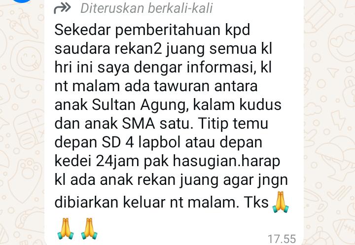 Tulisan peringatan beredar di grup - grup WhatsApp akan ada aksi tawuran antar pelajar.(Ist)